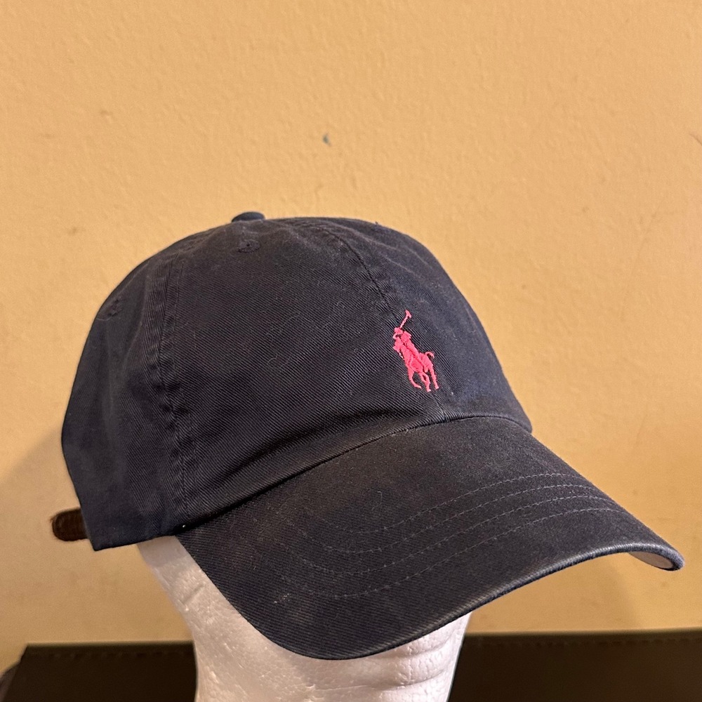 Polo Ralph Lauren Mens Navy Blue Pink Pony Logo Leather Strap Baseball Hat Cap
